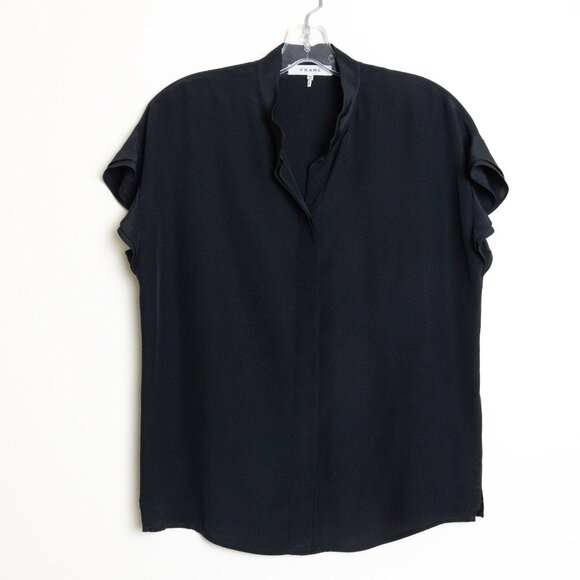 FRAME Silk Blouse Black Flounce Short Sleeve Top Button Up XS - Picture 2 of 14